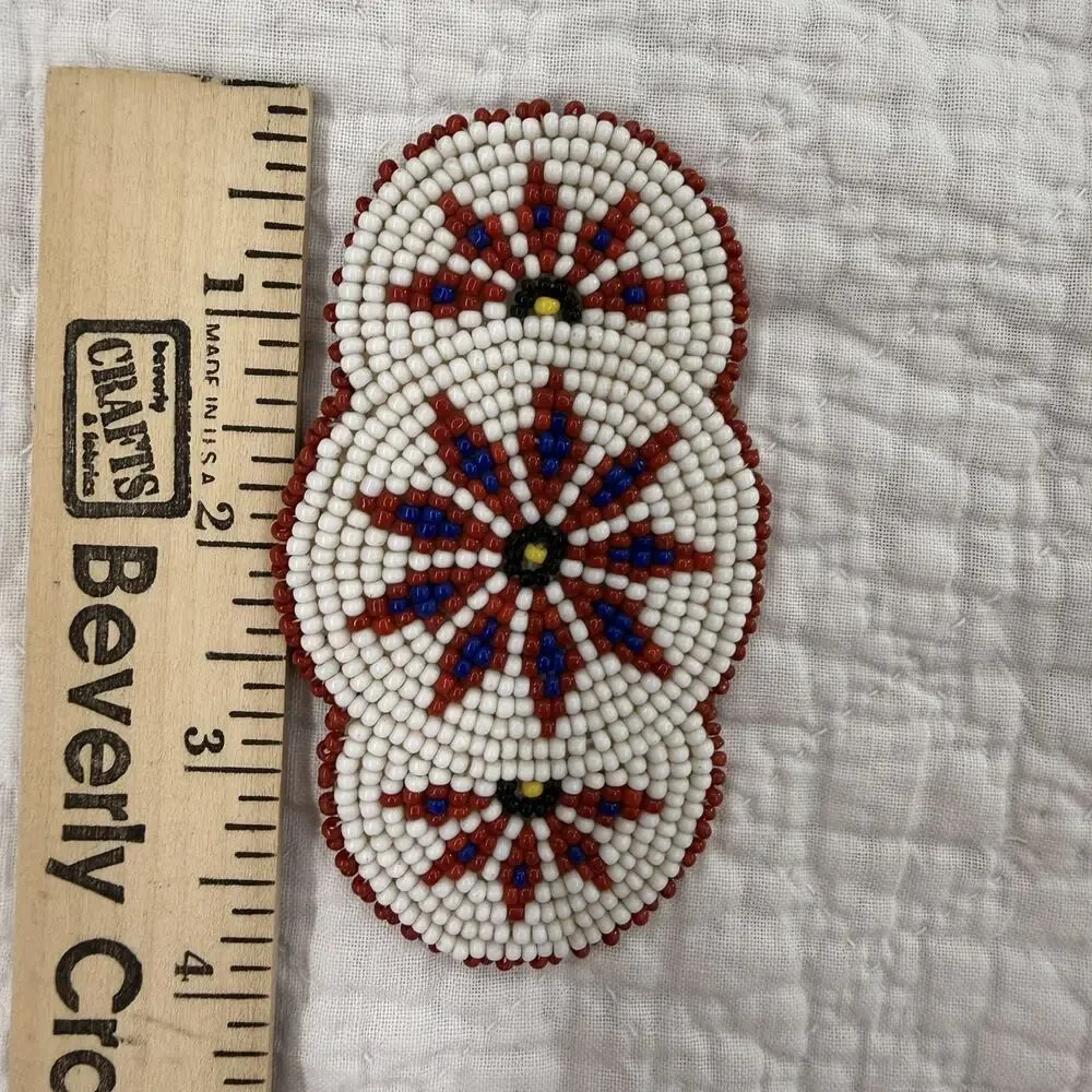 Vintage Native American Glass Bead STARS Hair Barrette 3 inch Red White Blue